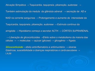 Ativação Simpática  -> Taquicardia, taquipneia, piloereção, sudorese  ->  Também estimulação da medula  da glândula adrenal  -> secreção de  AD e  NAD na corrente sanguínea   -> Prolongamento e aumento de  intensidade da  Taquicardia, taquipneia, piloereção, sudorese -> Estímulo contínuo da  amigdala -> Hipotálamo começa a secretar ACTH -> CÓRTEX SUPRARENAL ->  Liberação de glicocorticoides ->Efeito sobre o metabolismo da maioria das  células -> -> moléculas -> açúcar (glicose) -> glicogênio -> fígado. Glicocorticóide  – efeito antiinflamatório e antiimunitário -> úlceras  Gástricas, suscetibilidade a doenças respiratórias e cardivasculares -> I.A.M 