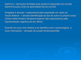 EMPATIA = IMITAÇÃO INTERNA DAS AÇÕES E EMOÇÕES DO OUTRO IDENTIFICAÇÃO COM OS SENTIMENTOS DO OUTRO Amigdala é ativada = responsável pela expressão em cada um Insula Anterior  = ativada identificação da dor do outro no próprio corpo Córtex órbito frontal e temporal superior são responsáveis pela  representação cognitiva da dor alheia. Quando se ouve uma história e se identifica com o personagens  e  suas motivações – ativação do junção temporoparietal. 