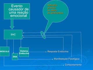 Evento causador de uma reação emocional SNC Sistema Endócrino SNA MÚSCULO Resposta Endócrina Manifestação Fisiológica Comportamento Retração provoca  ou altera  os sentimentos 