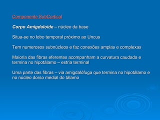 Componente SubCortical Corpo Amigdaloide  – núcleo da base Situa-se no lobo temporal próximo ao Uncus Tem numerosos subnúcleos e faz conexões amplas e complexas Maioria das fibras eferentes acompanham a curvatura caudada e  termina no hipotálamo – estria terminal Uma parte das fibras – via amigdalófuga que termina no hipotálamo e  no núcleo dorso medial do tálamo 