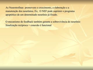 As Neurotrofinas  promovem o crescimento, a elaboração e a  manutenção dos neurônios. Ex;  O NEF pode suprimir o programa  apoptótico de um determinado neurônio já fixado. O mecanismo de feedback também garante a sobrevivência do neurônio Sinalização recíproca = conexão é funcional 