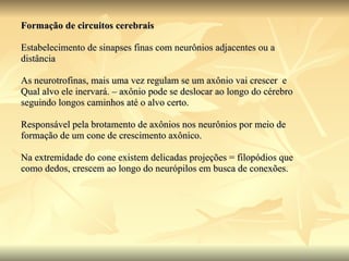Formação de circuitos cerebrais Estabelecimento de sinapses finas com neurônios adjacentes ou a distância As neurotrofinas, mais uma vez regulam se um axônio vai crescer  e Qual alvo ele inervará. – axônio pode se deslocar ao longo do cérebro  seguindo longos caminhos até o alvo certo. Responsável pela brotamento de axônios nos neurônios por meio de  formação de um cone de crescimento axônico.  Na extremidade do cone existem delicadas projeções = filopódios que  como dedos, crescem ao longo do neurópilos em busca de conexões. 