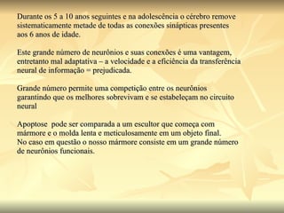 Durante os 5 a 10 anos seguintes e na adolescência o cérebro remove sistematicamente metade de todas as conexões sinápticas presentes  aos 6 anos de idade. Este grande número de neurônios e suas conexões é uma vantagem, entretanto mal adaptativa – a velocidade e a eficiência da transferência neural de informação = prejudicada. Grande número permite uma competição entre os neurônios  garantindo que os melhores sobrevivam e se estabeleçam no circuito  neural Apoptose  pode ser comparada a um escultor que começa com  mármore e o molda lenta e meticulosamente em um objeto final. No caso em questão o nosso mármore consiste em um grande número de neurônios funcionais. 