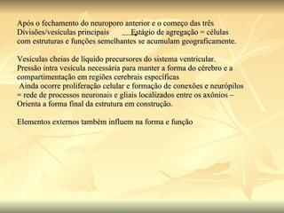 Após o fechamento do neuroporo anterior e o começo das três  Divisões/vesículas principais  Estágio de agregação = células  com estruturas e funções semelhantes se acumulam geograficamente. Vesículas cheias de líquido precursores do sistema ventricular. Pressão intra vesícula necessária para manter a forma do cérebro e a  compartimentação em regiões cerebrais específicas  Ainda ocorre proliferação celular e formação de conexões e neurópilos = rede de processos neuronais e gliais localizados entre os axônios –  Orienta a forma final da estrutura em construção. Elementos externos também influem na forma e função 