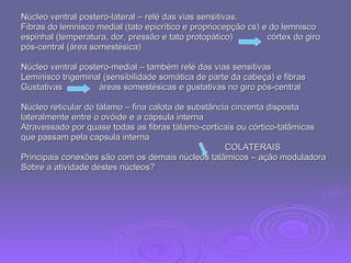 Núcleo ventral postero-lateral – relé das vias sensitivas. Fibras do lemnisco medial (tato epicrítico e propriocepção cs) e do lemnisco  espinhal (temperatura, dor, pressão e tato protopático)  córtex do giro  pós-central (área somestésica) Núcleo ventral postero-medial – também relé das vias sensitivas Leminisco trigeminal (sensibilidade somática de parte da cabeça) e fibras  Gustativas  áreas somestésicas e gustativas no giro pós-central Núcleo reticular do tálamo – fina calota de substância cinzenta disposta  lateralmente entre o ovóide e a cápsula interna Atravessado por quase todas as fibras tálamo-corticais ou córtico-talâmicas  que passam pela capsula interna COLATERAIS Principais conexões são com os demais núcleos talâmicos – ação moduladora Sobre a atividade destes núcleos? 