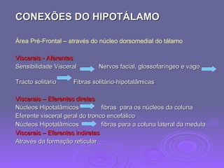 CONEXÕES DO HIPOTÁLAMO Área Pré-Frontal – através do núcleo dorsomedial do tálamo Viscerais - Aferentes Sensibilidade Visceral  Nervos facial, glossofaríngeo e vago  Tracto solitário  Fibras solitário-hipotalâmicas Viscerais – Eferentes diretas Núcleos Hipotalâmicos  fibras  para os núcleos da coluna  Eferente visceral geral do tronco encefálico Núcleos Hipotalâmicos  fibras para a coluna lateral da medula  Viscerais – Eferentes indiretas Através da formação reticular  