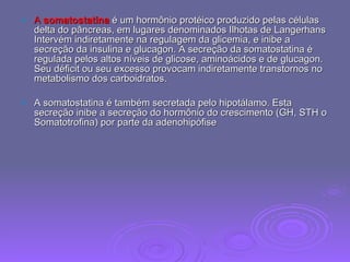 A  somatostatina  é um hormônio protéico produzido pelas células delta do pâncreas, em lugares denominados Ilhotas de Langerhans Intervém indiretamente na regulagem da glicemia, e inibe a secreção da insulina e glucagon. A secreção da somatostatina é regulada pelos altos níveis de glicose, aminoácidos e de glucagon. Seu déficit ou seu excesso provocam indiretamente transtornos no metabolismo dos carboidratos. A somatostatina é também secretada pelo hipotálamo. Esta secreção inibe a secreção do hormônio do crescimento (GH, STH o Somatotrofina) por parte da adenohipófise 