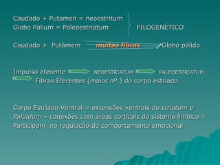 Caudado + Putamen = neoestritum  Globo Palium = Paleoestriatum  FILOGENÉTICO  Caudado +  Putâmem  muitas fibras   Globo pálido  Impulso aferente  NEOESTRIATUM  PALEOESTRIATUM Fibras Eferentes (maior nº.) do corpo estriado  Corpo Estriado Ventral = extensões ventrais do  striatum  e  Paluidum  – conexões com áreas corticais do sistema límbico = Participam  na regulação do comportamento emocional 