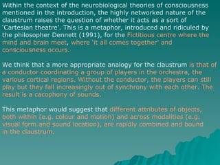 Within the context of the neurobiological theories of consciousness  mentioned in the introduction, the highly networked nature of the claustrum raises the question of whether it acts as a sort of ‘ Cartesian theatre’. This is a metaphor, introduced and ridiculed by the philosopher Dennett (1991), for the  Fictitious centre where the mind and brain meet ,  where ‘it all comes together’ and consciousness occurs. We think that a more appropriate analogy for the claustrum  is that of a conductor coordinating a group of players in the orchestra, the various cortical regions. Without the conductor, the players can still play but they fall increasingly out of synchrony with each other. The result is a cacophony of sounds.  This metaphor would suggest that  different attributes of objects, both within (e.g. colour and motion) and across modalities (e.g. visual form and sound location), are rapidly combined and bound in the claustrum. 