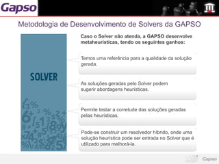 Metodologia de Desenvolvimento de Solvers da GAPSO
                 Caso o Solver não atenda, a GAPSO desenvolve
                 metaheurísticas, tendo os seguintes ganhos:


                 Temos uma referência para a qualidade da solução
                 gerada.



                 As soluções geradas pelo Solver podem
                 sugerir abordagens heurísticas.



                 Permite testar a corretude das soluções geradas
                 pelas heurísticas.


                 Pode-se construir um resolvedor híbrido, onde uma
                 solução heurística pode ser entrada no Solver que é
                 utilizado para melhorá-la.
 