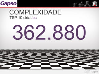 COMPLEXIDADE
TSP 10 cidades




 362.880
 