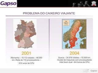 PROBLEMA DO CAIXEIRO VIAJANTE




           2001                                   2004
Alemanha – 15.112 cidades – 66.000    Suecia – 24.978 cidades – 72.500 km.
 km. Rede de 110 processadores –     Cluster de maquinas com processadores
                                        Intel Xeon dual - 84.8 anos de CPU
        22.6 anos de CPU
 