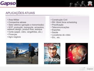 APLICAÇÕES ATUAIS

• Área Militar                             • Construção Civil
• Companhia aéreas                         • RH: Work force scheduling
• Setor elétrico (geração e transmissão)   • Precificação
• SCP: produção, transporte, armazéns,     • Telecomunicações
network design, product flow, estoque      • Esportes
• Corte (papel, vidro, vergalhões, etc.)   • Saúde
• Finanças                                 • Locadoras de vídeo
• Agro negócio                             • Etc., etc.
 