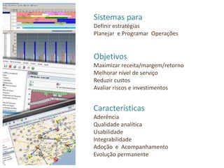 Sistemas para
Definir estratégias
Planejar e Programar Operações


Objetivos
Maximizar receita/margem/retorno
Melhorar nível de serviço
Reduzir custos
Avaliar riscos e investimentos


Características
Aderência
Qualidade analítica
Usabilidade
Integrabilidade
Adoção e Acompanhamento
Evolução permanente
 