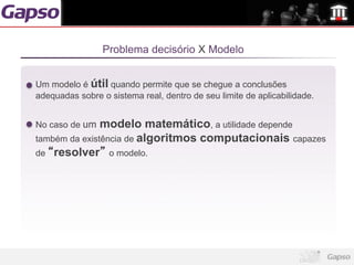 Problema decisório X Modelo


Um modelo é útil quando permite que se chegue a conclusões
adequadas sobre o sistema real, dentro de seu limite de aplicabilidade.


No caso de um  modelo matemático, a utilidade depende
também da existência de algoritmos computacionais capazes
de “resolver” o modelo.
 