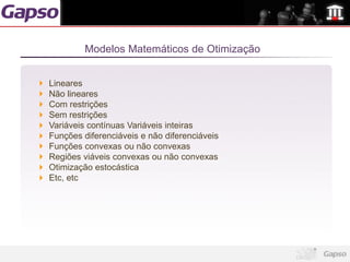 Modelos Matemáticos de Otimização


Lineares
Não lineares
Com restrições
Sem restrições
Variáveis contínuas Variáveis inteiras
Funções diferenciáveis e não diferenciáveis
Funções convexas ou não convexas
Regiões viáveis convexas ou não convexas
Otimização estocástica
Etc, etc
 