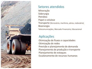 Setores atendidos
Mineração
Siderurgia
Petróleo
Papel e celulose
Transporte (ferroviário, marítimo, aéreo, rodoviário)
Bioenergia
Telecomunicações, Mercado Financeiro, Educacional


Aplicações
Otimização de fluxos e capacidades
Otimização de redes
Previsão e planejamento de demanda
Planejamento de produção e transporte
Planejamento de estoques
Escalonamento de recursos humanos
 