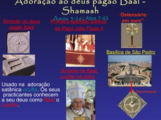 Adoração ao deus pagão Baal Shamash
“Ostensório
Símbolo do deus
pagão Baal

Amós 5:26; Atos 7:43

Primeira aparição pública
do Papa João Paulo II

em ouro”

Basílica de São Pedro

Símbolo de Baal,
Lucifer na mitra

Usado na adoração
satânica oculta. Os seus
practicantes conhecem
a seu deus como Baal o
Lucifer.

“Aproximação ”

 