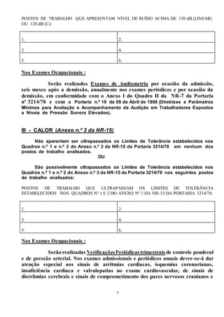7
POSTOS DE TRABALHO QUE APRESENTAM NÍVEL DE RUÍDO ACIMA DE 130 dB (LINEAR)
OU 120 dB (C):
1. 2.
3. 4.
5. 6.
Nos Exames Ocupacionais :
Serão realizados Exames de Audiometria por ocasião da admissão,
seis meses após a demissão, anualmente nos exames periódicos e por ocasião da
demissão, em conformidade com o Anexo I do Quadro II da NR-7 da Portaria
nº 3214/78 e com a Portaria n.º 19 de 09 de Abril de 1998 (Diretrizes e Parâmetros
Mínimos para Avaliação e Acompanhamento da Audição em Trabalhadores Expostos
a Níveis de Pressão Sonora Elevados).
III - CALOR (Anexo n.º 3 da NR-15)
Não aparentam ser ultrapassados os Limites de Tolerância estabelecidos nos
Quadros n.º 1 e n.º 2 do Anexo n.º 3 da NR-15 da Portaria 3214/78 em nenhum dos
postos de trabalho analisados.
OU
São possivelmente ultrapassados os Limites de Tolerância estabelecidos nos
Quadros n.º 1 e n.º 2 do Anexo n.º 3 da NR-15 da Portaria 3214/78 nos seguintes postos
de trabalho analisados:
POSTOS DE TRABALHO QUE ULTRAPASSAM OS LIMITES DE TOLERÂNCIA
ESTABELECIDOS NOS QUADROS Nº 1 E 2 DO ANEXO Nº 3 DA NR-15 DA PORTARIA 3214/78:
1. 2.
3. 4.
5. 6.
Nos Exames Ocupacionais :
Serão realizadas VerificaçõesPeriódicastrimestrais de controle ponderal
e de pressão arterial. Nos exames admissionais e periódicos anuais dever-se-á dar
atenção especial aos sinais de arritmias cardíacas, isquemias coronarianas,
insuficiência cardíaca e valvulopatias no exame cardiovascular, de sinais de
disrritmias cerebrais e sinais de comprometimento dos pares nervosos cranianos e
 