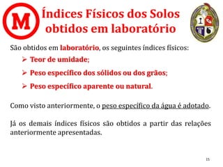 Índices Físicos dos Solos
obtidos em laboratório
São obtidos em laboratório, os seguintes índices físicos:
➢ Teor de umidade;
➢ Peso específico dos sólidos ou dos grãos;
➢ Peso específico aparente ou natural.
Como visto anteriormente, o peso específico da água é adotado.
Já os demais índices físicos são obtidos a partir das relações
anteriormente apresentadas.
15
 
