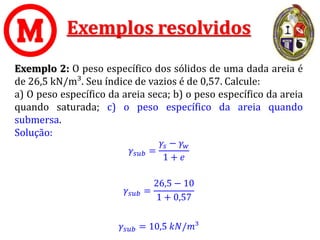 Exemplos resolvidos
Exemplo 2: O peso específico dos sólidos de uma dada areia é
de 26,5 kN/m³. Seu índice de vazios é de 0,57. Calcule:
a) O peso específico da areia seca; b) o peso específico da areia
quando saturada; c) o peso específico da areia quando
submersa.
Solução:
𝛾𝑠𝑢𝑏 =
𝛾𝑠 − 𝛾𝑤
1 + 𝑒
𝛾𝑠𝑢𝑏 =
26,5 − 10
1 + 0,57
𝛾𝑠𝑢𝑏 = 10,5 𝑘𝑁/𝑚³
 