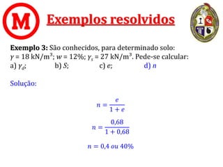 Exemplos resolvidos
Exemplo 3: São conhecidos, para determinado solo:
γ = 18 kN/m³; w = 12%; γs = 27 kN/m³. Pede-se calcular:
a) γd; b) S; c) e; d) n
Solução:
𝑛 =
𝑒
1 + 𝑒
𝑛 =
0,68
1 + 0,68
𝑛 = 0,4 𝑜𝑢 40%
 