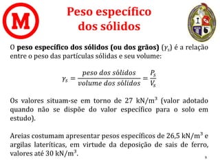Peso específico
dos sólidos
O peso específico dos sólidos (ou dos grãos) (γs) é a relação
entre o peso das partículas sólidas e seu volume:
𝛾𝑠 =
𝑝𝑒𝑠𝑜 𝑑𝑜𝑠 𝑠ó𝑙𝑖𝑑𝑜𝑠
𝑣𝑜𝑙𝑢𝑚𝑒 𝑑𝑜𝑠 𝑠ó𝑙𝑖𝑑𝑜𝑠
=
𝑃𝑠
𝑉
𝑠
Os valores situam-se em torno de 27 kN/m³ (valor adotado
quando não se dispõe do valor específico para o solo em
estudo).
Areias costumam apresentar pesos específicos de 26,5 kN/m³ e
argilas lateríticas, em virtude da deposição de sais de ferro,
valores até 30 kN/m³. 9
 
