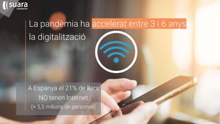 suara.coop
La pandèmia ha accelerat entre 3 i 6 anys
la digitalització
A Espanya el 21% de llars
NO tenen Internet
(+ 5,5 ...
