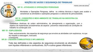 NOÇÕES DE SAÚDE E SEGURANÇA DO TRABALHO
NR 16 - ATIVIDADES E OPERAÇÕES PERIGOSAS
Atividades e Operações Perigosas, define os critérios técnicos e legais para avaliar e
caracterizar as atividades e operações perigosas e o adicional de periculosidade.
NR 18 - CONDIÇÕES E MEIO AMBIENTE DE TRABALHO NA INDÚSTRIA DA
CONSTRUÇÃO
Estabelece diretrizes de ordem administrativa, de planejamento e organização, com o
objetivo de implementar procedimentos de aspecto preventivo relacionados às condições de
trabalho na construção civil.
NR 19 - EXPLOSIVOS
Trata, exclusivamente, dos aspectos de segurança que envolve as atividades com explosivos, no que
diz respeito a estocagem, manuseio
e transporte.
NR 20 - LÍQUIDOS COMBUSTÍVEIS E INFLAMÁVEIS
Trata das definições e dos aspectos de segurança envolvendo as atividades
com líquidos inflamáveis e combustíveis, GLP e outros gases inflamáveis.
 