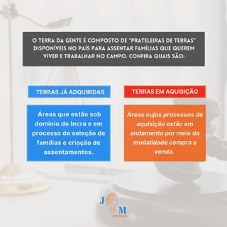 O Terra da Gente é composto de “prateleiras de terras”
disponíveis no País para assentar famílias que querem
viver e trabalhar no campo. Confira quais são:
Áreas que estão sob
domínio do Incra e em
processo de seleção de
famílias e criação de
assentamentos.
Áreas cujos processos de
aquisição estão em
andamento por meio da
modalidade compra e
venda.
TERRAS JÁ ADQUIRIDAS TERRAS EM AQUISIÇÃO
 