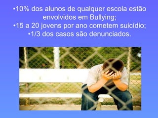 • 10% dos alunos de qualquer escola estão envolvidos em Bullying; • 15 a 20 jovens por ano cometem suicídio; • 1/3 dos casos são denunciados. 
