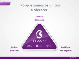 Ganhos  Ilimitados Porque somos os únicos a oferecer : 3 marcas de sucesso Facilidade nos negócios A melhor proposta de negócio 