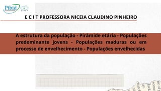 E C I T PROFESSORA NICEIA CLAUDINO PINHEIRO
A estrutura da população - Pirâmide etária - Populações
predominante jovens - Populações maduras ou em
processo de envelhecimento - Populações envelhecidas
 
