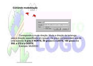 Comando mudedireção




        Corresponde a mude direção. Muda a direção da tartaruga
para a direção especificada em (graus). Os graus correspondem aos de
uma bússola: 0 grau é NORTE, 90 graus é o LESTE, 180 graus é o
SUL e 270 é o OESTE.
        Exemplo: MUDEDC
 
