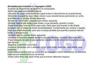Atividades para trabalhar a Linguagem LOGO.
-Explorar as ferramentas de desenho no computador.
-Banho de papel-consciência corporal.
-Desenho do corpo contornando em papel bubina e desenhando as características.
-Desenhar no papel as duas mãos, colocar suas características particulares ex: pinta,
arranhões etc, e nomear direita, esquerda.
-Brincar de “vivo-morto” variando para direita, esquerda.
-Nomear objetos que estão a sua direita, a sua esquerda, girando o corpo.
-Fazer duas filas, uma de frente para outra. Pedir para que levante a mão direita,
comparar com o colega da frente (reversibilidade). Cumprimentar-se, amarrar o sapato,
tocar sua orelha esquerda, para que a criança perceba que quando a pessoa está de
frente, a direção muda.
-Recortar figuras nomear direita, esquerda.
-Observar e desenhar objetos de vários ângulos (de cima, de baixo, de frente, etc).
-Fazer maquete da sala de aula podendo trabalhar em Micromundos a planta baixa da
sala de aula.
-Registrar o caminho numa folha.
-Construir comandos com o alfabeto móvel, para frente, para trás, para direita, para
esquerda.
-Confeccionar cartões com os comandos da linguagem LOGO necessários no momento
e aos poucos inserindo novos comandos.
-Andar sobre linha reta, após linhas que envolvam diferentes ângulos.
 