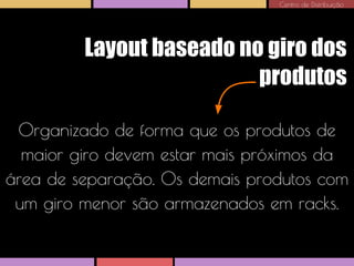 Centro de Distribuição

Layout baseado no giro dos
produtos
Organizado de forma que os produtos de
maior giro devem estar mais próximos da
área de separação. Os demais produtos com
um giro menor são armazenados em racks.

 