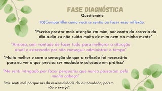 Questionário
Fase diagnóstica
10)Compartilhe como você se sentiu ao fazer essa reflexão.
"Preciso prestar mais atenção em mim, por conta da correria do
dia-a-dia eu não cuido muito de mim nem da minha mente"
"Ansiosa, com vontade de fazer tudo para melhorar a situação
atual e estressada por não conseguir administrar o tempo"
"Muito melhor e com a sensação de que a reflexão foi necessária
para eu ver o que precisa ser mudado e colocado em prática"
"Me senti intrigado por fazer perguntas que nunca passaram pela
minha cabeça"
"Me senti mal porque sei da essencialidade do autocuidado, porém
não o exerço".
 