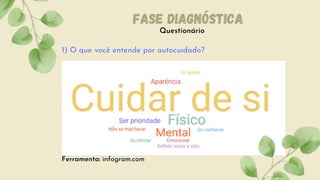 Questionário
Ferramenta: infogram.com
Fase diagnóstica
1) O que você entende por autocuidado?
 