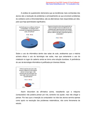 Generated by Foxit PDF Creator © Foxit Software
                                           http://www.foxitsoftware.com For evaluation only.




      A análise do questionário demonstra que as tendências mais conhecidas dos
alunos são a resolução de problemas e principalmente as que envolvam problemas
do cotidiano como a Etnomatemática, são as alternativas mais respondidas por eles,
para que haja aprendizado significativo.




Sobre o uso da informática dentro das salas de aula, analisamos que a maioria
acharia eficaz o uso de tecnologia nas aulas, mas que certamente o uso do
notebook no lugar do caderno ainda se torna uma solução duvidosa. A pertinência
do uso da tecnologia informática é justificada por diversos fatores.




      Assim discordam da afirmativa acima, ressaltando que a máquina
(computador) não poderia pensar por nós, somente nos ajudar, mas não chegar a
pensar. Por isso que a inserção do computador na vida dos alunos serviria apenas
como apoio na resolução dos problemas matemáticos, não como ferramenta de
estudo.
 