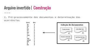 Arquivo invertido | Construção
2. Pré-processamento dos documentos e determinação das
ocorrências
 