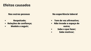 Efeitos causados
Nas outras pessoas Na experiência laboral
Tom de voz afirmativo;
Não invade o espaço do
outro;
Sabe o que fazer;
Sabe motivar;
Respeitado;
Relações de confiança;
Modelo a seguir;
 