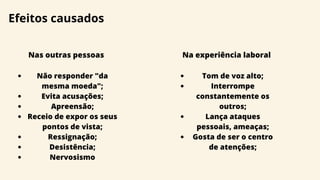 Efeitos causados
Nas outras pessoas Na experiência laboral
Tom de voz alto;
Interrompe
constantemente os
outros;
Lança ataques
pessoais, ameaças;
Gosta de ser o centro
de atenções;
Não responder "da
mesma moeda";
Evita acusações;
Apreensão;
Receio de expor os seus
pontos de vista;
Ressignação;
Desistência;
Nervosismo
 