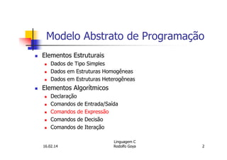 Modelo Abstrato de Programação
Elementos Estruturais
Dados de Tipo Simples
Dados em Estruturas Homogêneas
Dados em Estruturas Heterogêneas
Elementos Algorítmicos
Declaração
Comandos de Entrada/Saída
Comandos de Expressão
Comandos de Decisão
Comandos de Iteração
16.02.14
Linguagem C
Rodolfo Goya 2
 