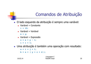 Comandos de Atribuição
O lado esquerdo da atribuição é sempre uma variável:
Variável = Constante
i = 10;
Variável = Variável
x = y;
Variável = Expressão
z = x + y – 1;
i = i + 1;
Uma atribuição é também uma operação com resultado:
a = i = j + 1;
b = x + ( y = c + d );
16.02.14
Linguagem C
Rodolfo Goya 20
 