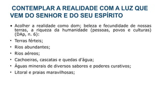 CONTEMPLAR A REALIDADE COM A LUZ QUE
VEM DO SENHOR E DO SEU ESPÍRITO
• Acolher a realidade como dom; beleza e fecundidade de nossas
terras, a riqueza da humanidade (pessoas, povos e culturas)
(DAp, n. 6):
• Terras férteis;
• Rios abundantes;
• Rios aéreos;
• Cachoeiras, cascatas e quedas d’água;
• Águas minerais de diversos sabores e poderes curativos;
• Litoral e praias maravilhosas;
 