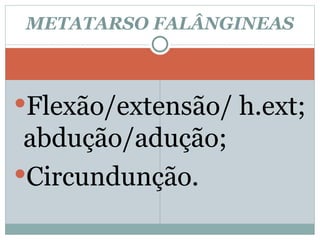 Flexão/extensão/ h.ext; abdução/adução; Circundunção. METATARSO FALÂNGINEAS 