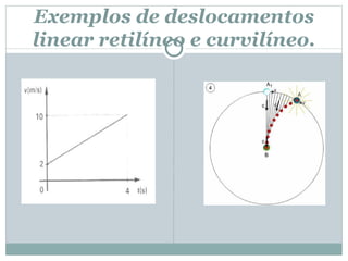 Exemplos de deslocamentos linear retilíneo e curvilíneo. 