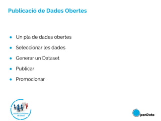 Publicació de Dades Obertes
● Un pla de dades obertes
● Seleccionar les dades
● Generar un Dataset
● Publicar
● Promocionar
 