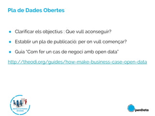 Pla de Dades Obertes
● Clarificar els objectius : Que vull aconseguir?
● Establir un pla de publicació: per on vull començar?
● Guia “Com fer un cas de negoci amb open data”
http://theodi.org/guides/how-make-business-case-open-data
 