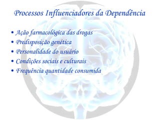 Processos Influenciadores da Dependência   Ação farmacológica das drogas Predisposição genética Personalidade do usuário Condições sociais e culturais  Frequência quantidade consumida 
